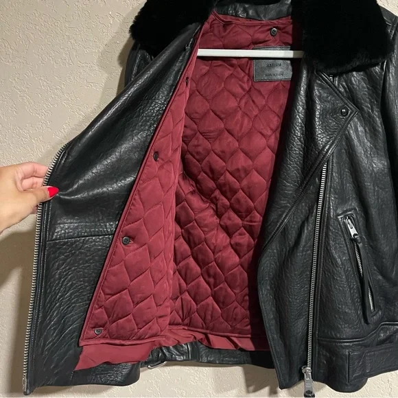 All Saints | Womens Maizie Shearling-Collar Leather Biker Jacket Size: Medium - Picture 6 of 13